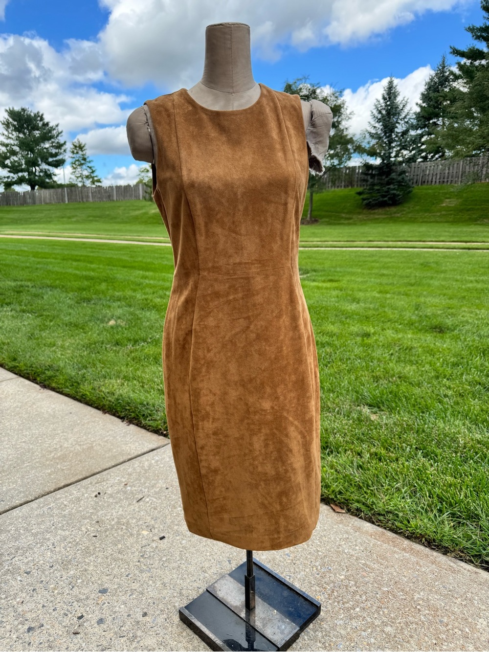 Calvin Klein Sleveless Suede Sheath Dress in Camel